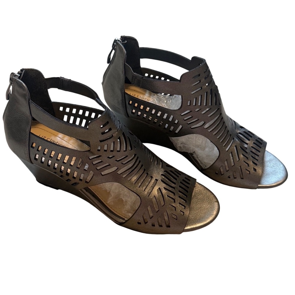 Liz Claiborne Wedge‎ Sandals Womens 8 Pewter Good Laser Cut Peep Toe Zip Heels